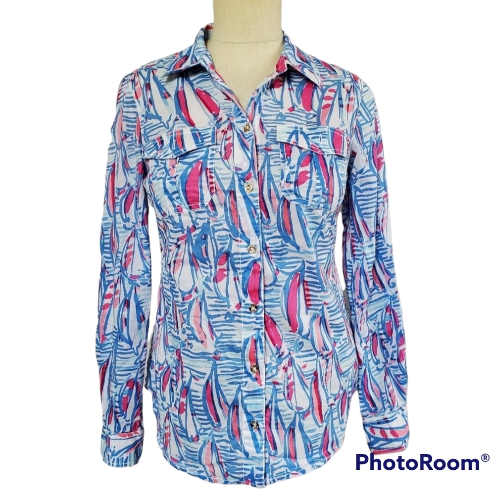Lilly Pulitzer cruiser shirt button down red right return sailboats Sz 2 pink